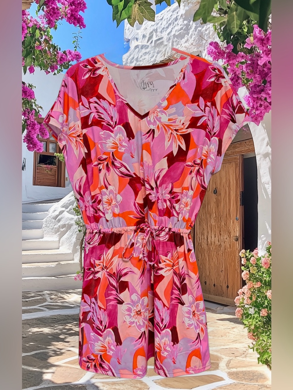 d & co. Bright Floral V-Neck Women’s Swim Coverup Romper - Pink Multi size Med